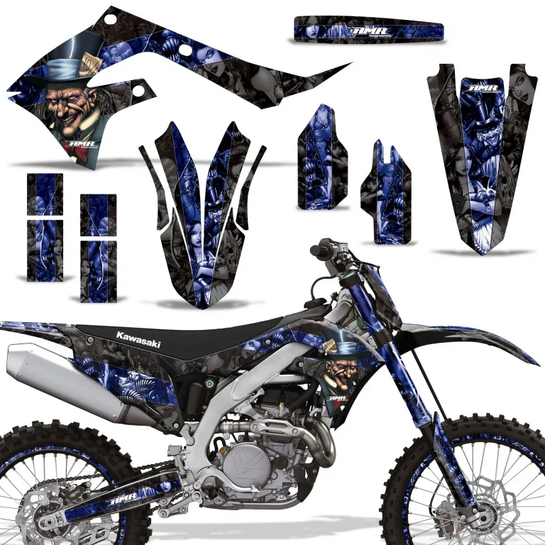 Mad-Hatter Hintergrund = Schwarz, Designfarbe = Blau mit Nummernfeldern für Kawasaki KX250F 2021-2024