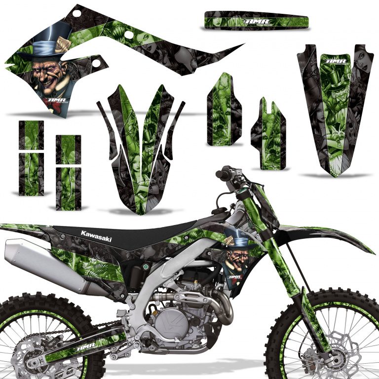Mad-Hatter Background = Black, Design color = Green with number plates for Kawasaki KX450F 2019-2023