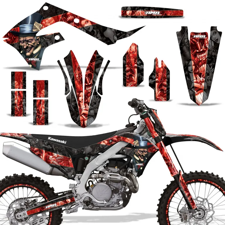 Mad-Hatter Hintergrund = Schwarz, Designfarbe = Rot mit Nummernfeldern für Kawasaki KX250F 2021-2024