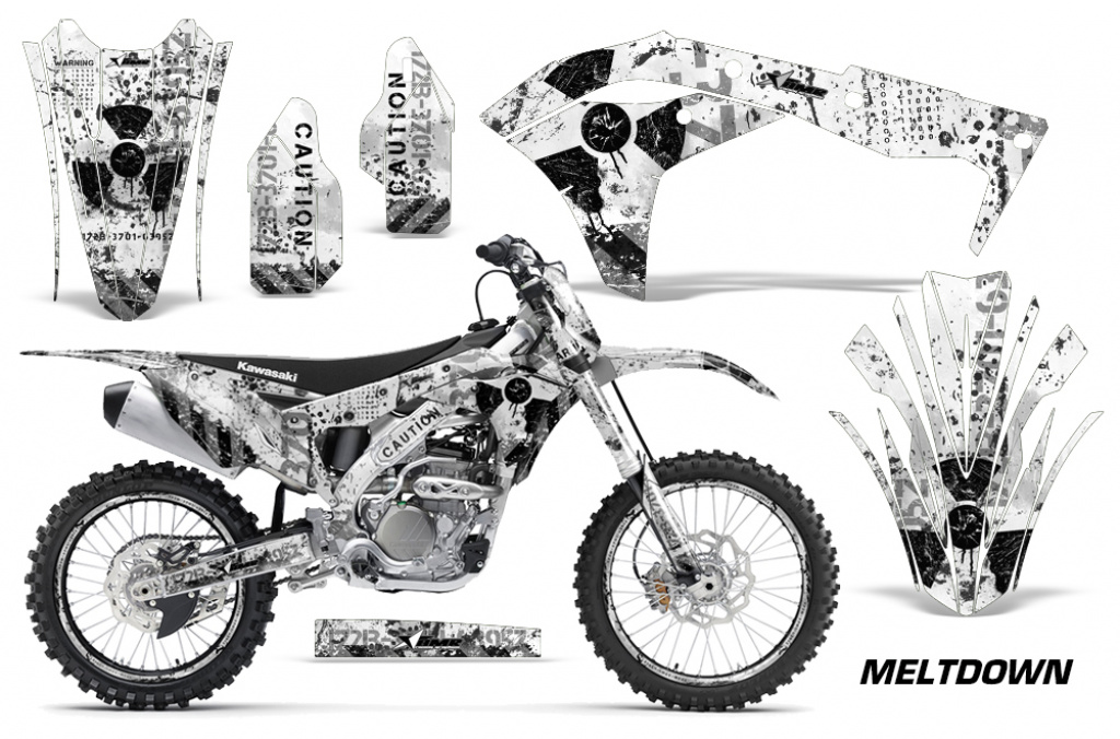 Meltdown Hintergrund = Weiß, Designfarbe = Schwarz mit Nummernfeldern für Kawasaki KX250F/KFX250 2017-2020