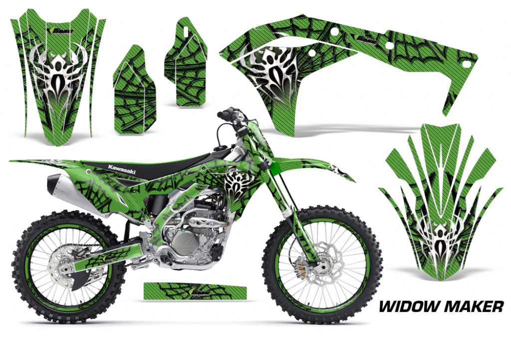 Widow Maker Hintergrund = Grün, Designfarbe = Schwarz mit Nummernfeldern für Kawasaki KX250F/KFX250 2017-2020