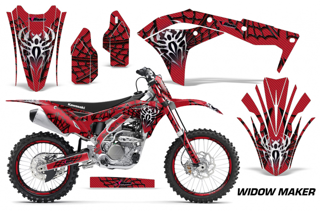 Widow Maker Hintergrund = Rot, Designfarbe = Schwarz mit Nummernfeldern für Kawasaki KX250F/KFX250 2017-2020