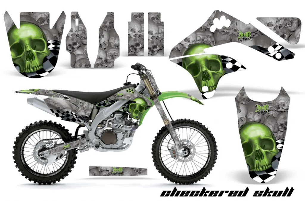 Checkered Skull Hintergrund = Silber, Designfarbe = Grün mit Nummernfeldern für Kawasaki KX450F 2006-2008