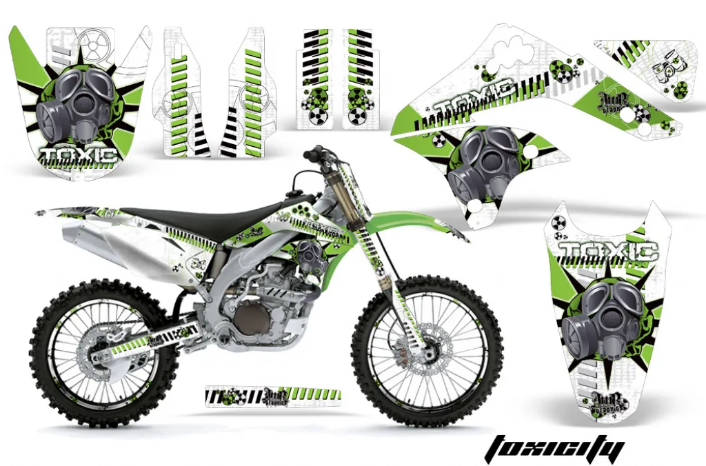 Toxicity Hintergrund = Weiß, Designfarbe = Grün mit Nummernfeldern für Kawasaki KX450F 2006-2008