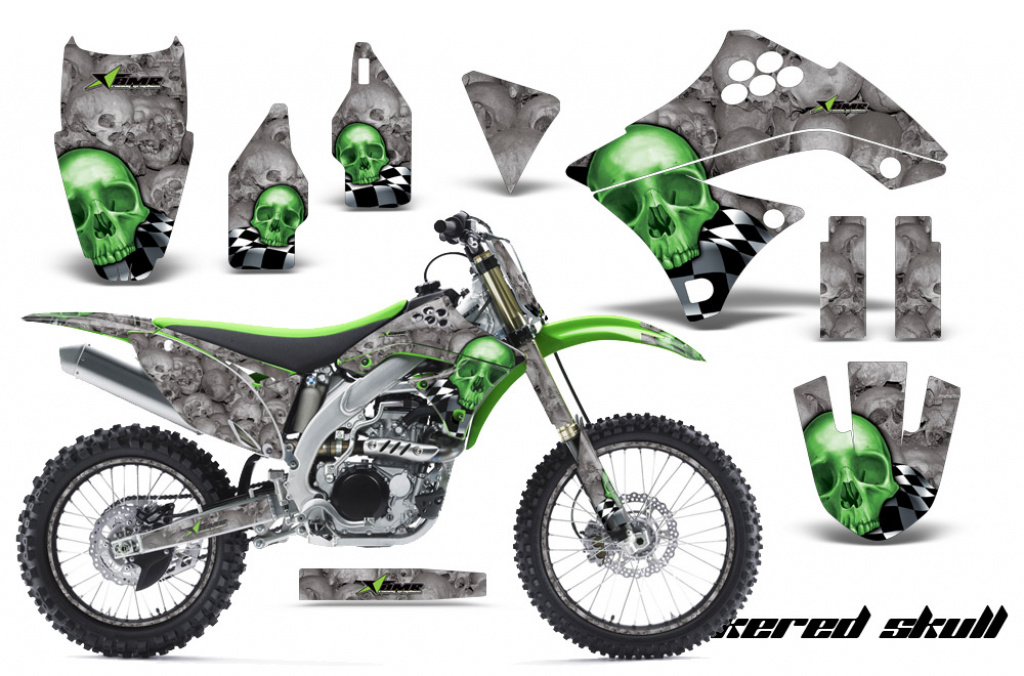 Checkered Skull Background = Silver, Design color = Green with number plates for Kawasaki KX450F 2009-2011