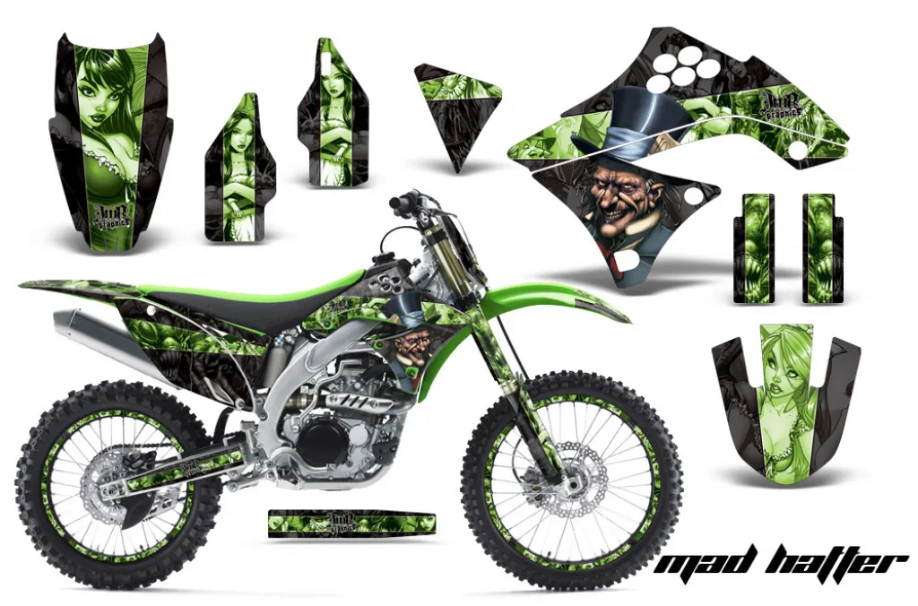 Mad-Hatter Hintergrund = Schwarz, Designfarbe = Grün mit Nummernfeldern für Kawasaki KX450F 2009-2011