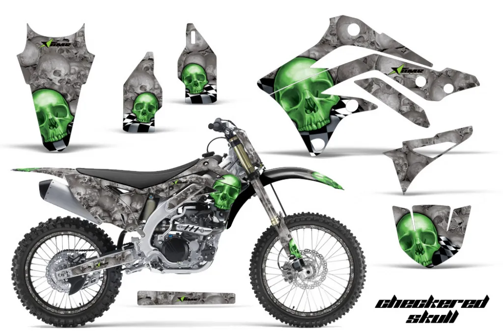 Checkered Skull Hintergrund = Silber, Designfarbe = Grün mit Nummernfeldern für Kawasaki KX450F 2012-2015