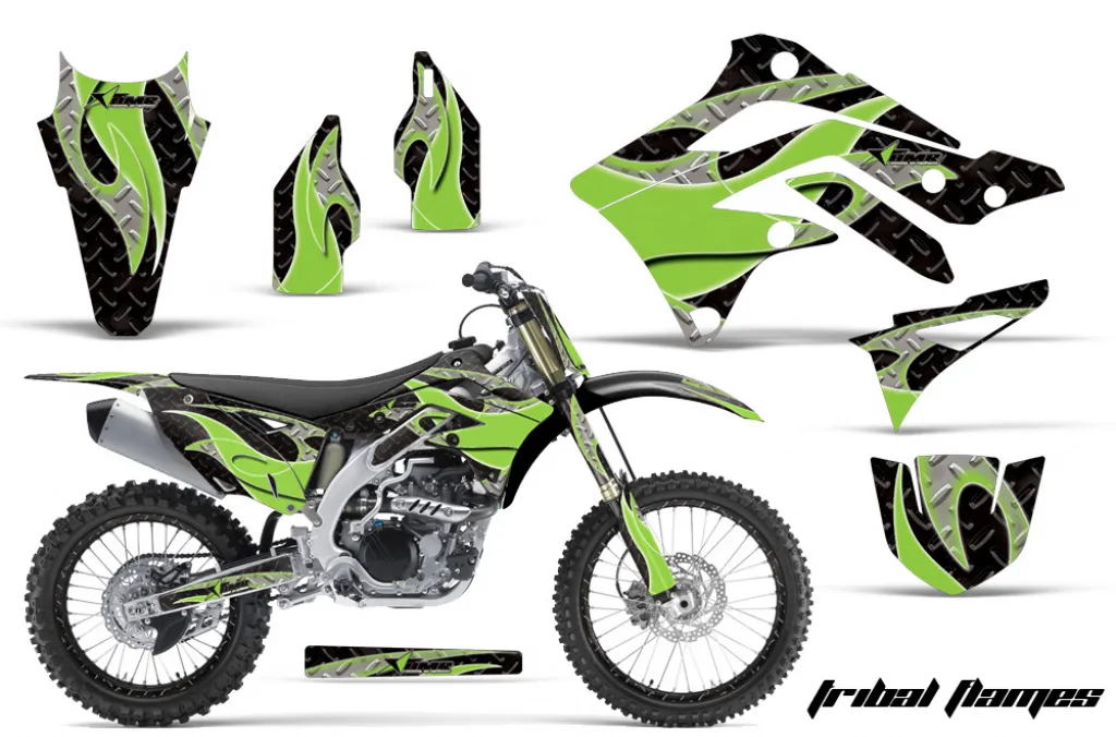 Tribal Flames Hintergrund = Schwarz, Designfarbe = Grün mit Nummernfeldern für Kawasaki KX450F 2012-2015