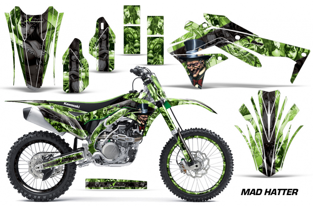 Mad-Hatter Hintergrund = Grün, Designfarbe = Schwarz mit Nummernfeldern für Kawasaki KX450F 2016-2018