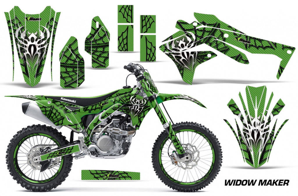 Widow Maker Hintergrund = Grün, Designfarbe = Schwarz mit Nummernfeldern für Kawasaki KX450F 2016-2018