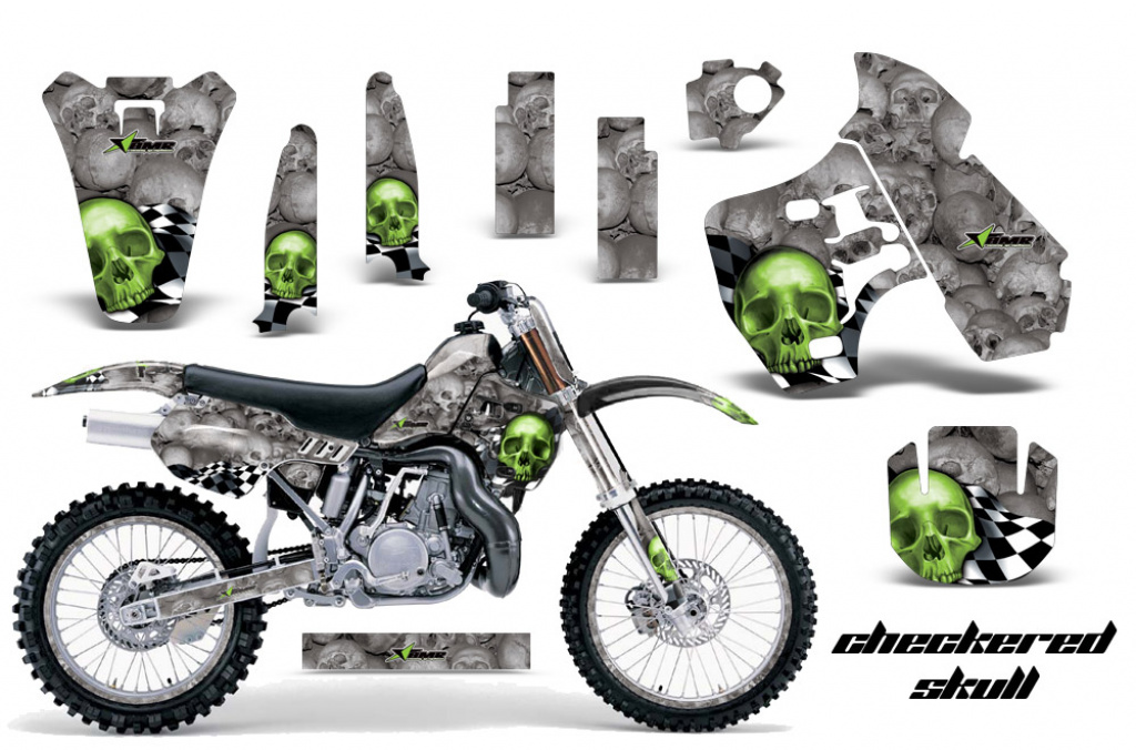 Checkered Skull Hintergrund = Silber, Designfarbe = Grün mit Nummernfeldern für Kawasaki KX500 1988-2004