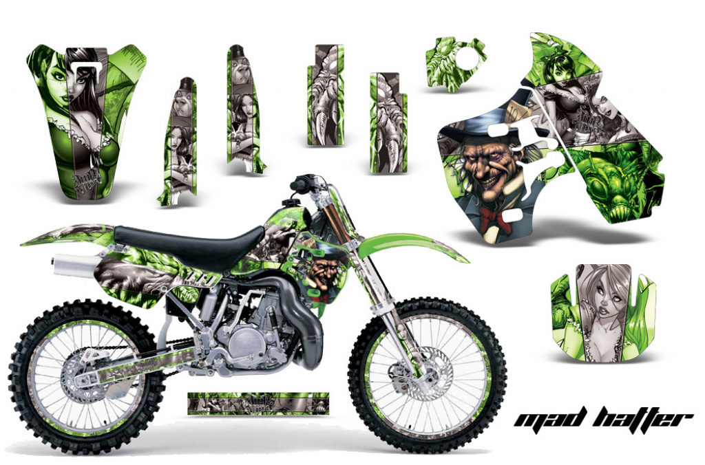 Mad-Hatter Hintergrund = Grün, Designfarbe = Silber mit Nummernfeldern für Kawasaki KX500 1988-2004