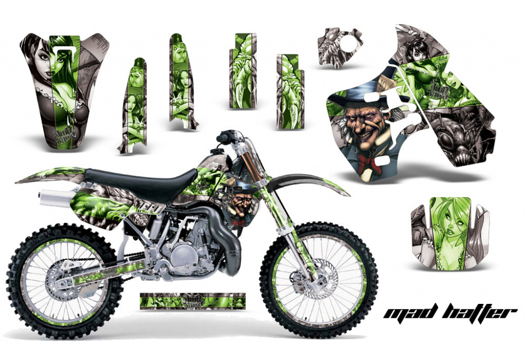 Mad-Hatter Hintergrund = Silber, Designfarbe = Grün mit Nummernfeldern für Kawasaki KX500 1988-2004