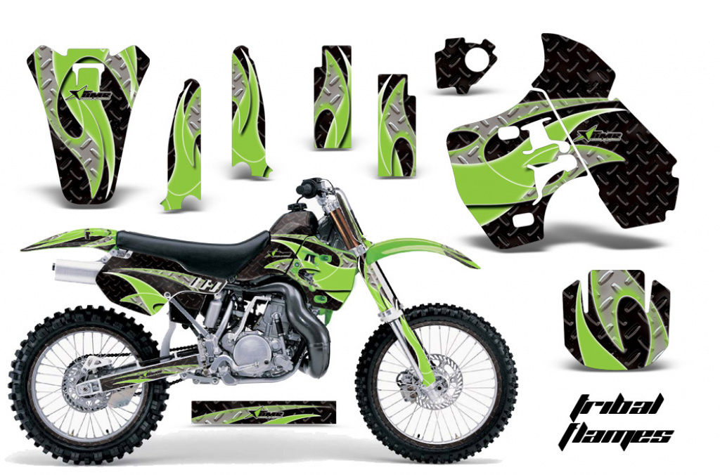 Tribal Flames Hintergrund = Schwarz, Designfarbe = Grün mit Nummernfeldern für Kawasaki KX500 1988-2004