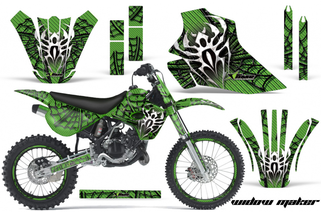 Widow Maker Hintergrund = Grün, Designfarbe = Schwarz mit Nummernfeldern für Kawasaki KX80/KX100 1995-1997