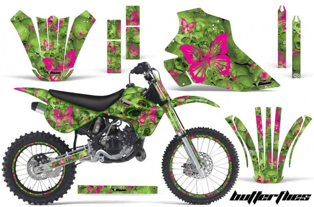 Butterfly Hintergrund = Grün, Designfarbe = Pink mit Nummernfeldern für Kawasaki KX80/KX100 1995-1997