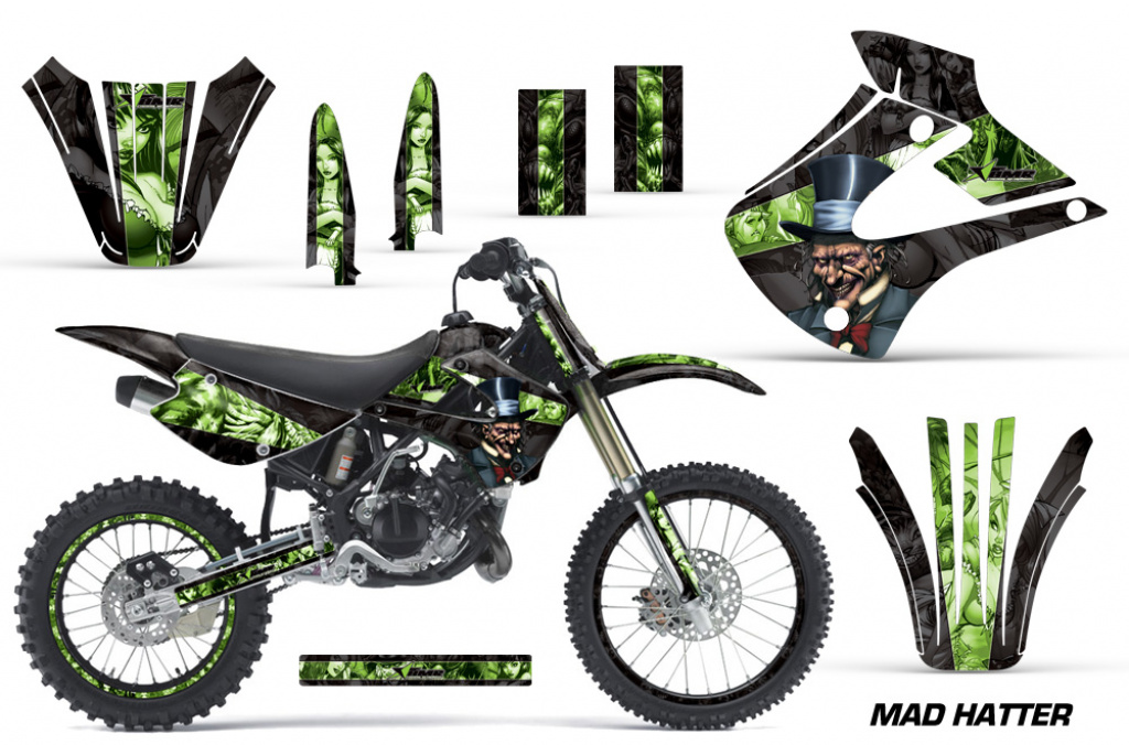 Mad-Hatter Hintergrund = Schwarz, Designfarbe = Grün mit Nummernfeldern für Kawasaki KX85/100 2001-2013