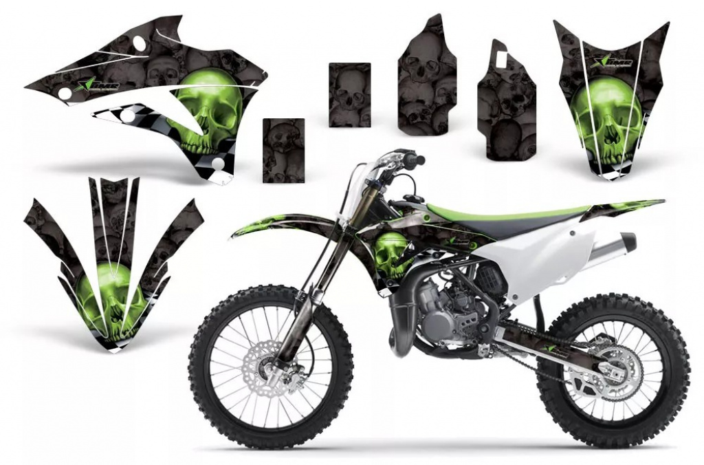 Checkered Skull Background = Black, Design color = Green without number plates for Kawasaki KX85/100 2014-2021