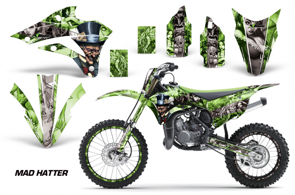 Mad-Hatter Background = Green, Design color = Silver with number plates for Kawasaki KX85/100 2014-2021