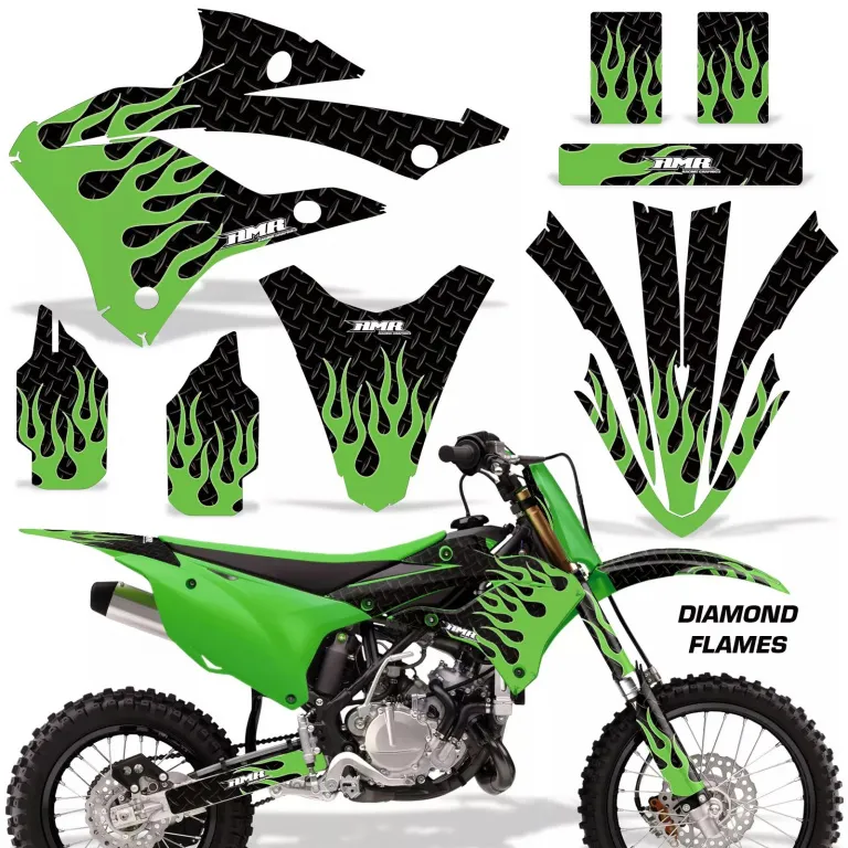 Diamond Flames Hintergrund = Schwarz, Designfarbe = Grün ohne Nummernfeldern für Kawasaki KX85/112 2022-2024