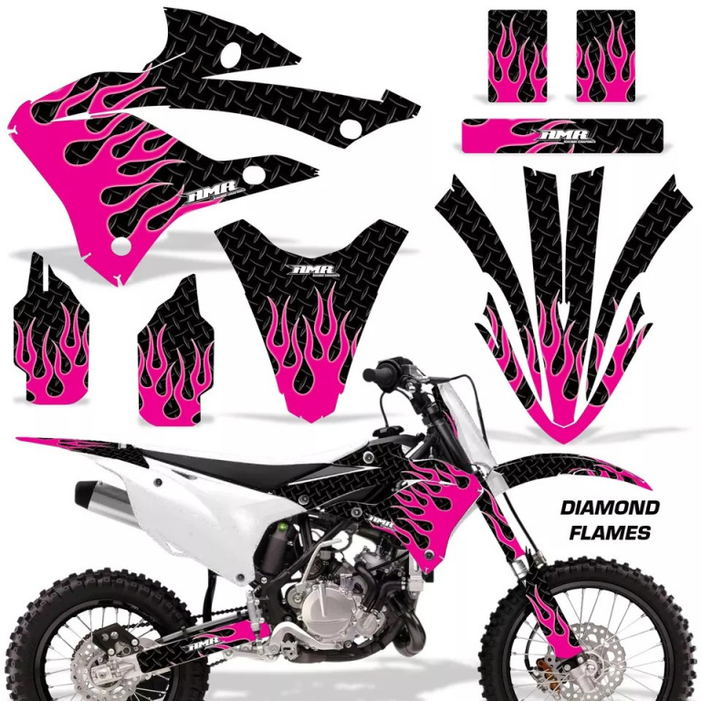 Diamond Flames Background = Black, Design color = Pink without number plates for Kawasaki KX85/112 2022-2024