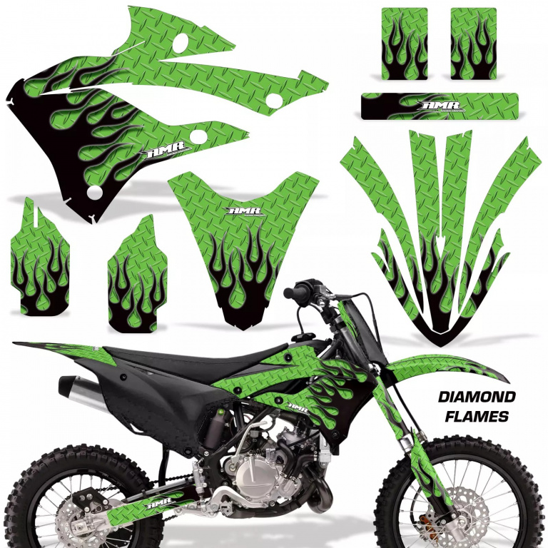 Diamond Flames Background = Green, Design color = Black without number plates for Kawasaki KX85/112 2022-2024