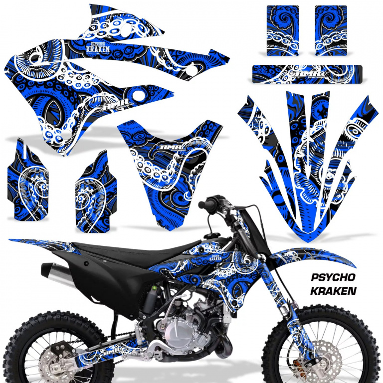 Psycho Kraken Background = Black, Design color = Blue without number plates for Kawasaki KX85/112 2022-2024