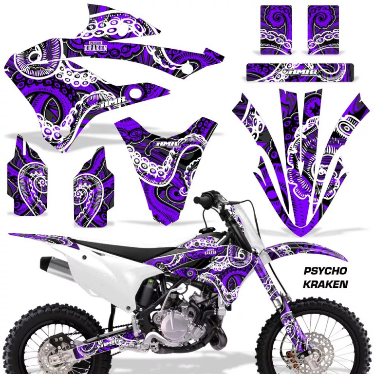 Psycho Kraken Background = Black, Design color = Purple without number plates for Kawasaki KX85/112 2022-2024