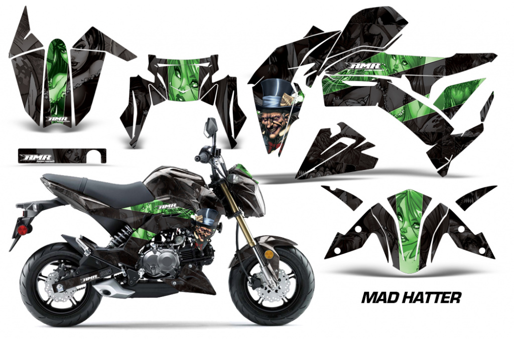 Mad-Hatter Hintergrund = Schwarz, Designfarbe = Grün für Kawasaki Z125 Pro 2017-2024