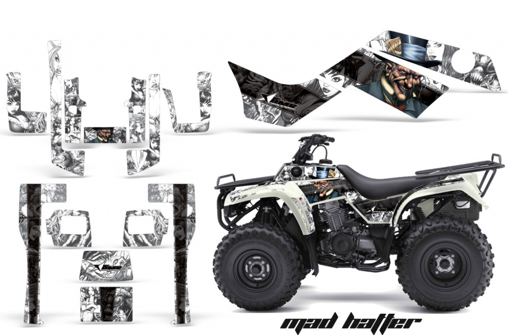 Mad Hatter Hintergrund = Weiß, Designfarbe = Schwarz für Kawasaki KLF 220/250/300 Bayou