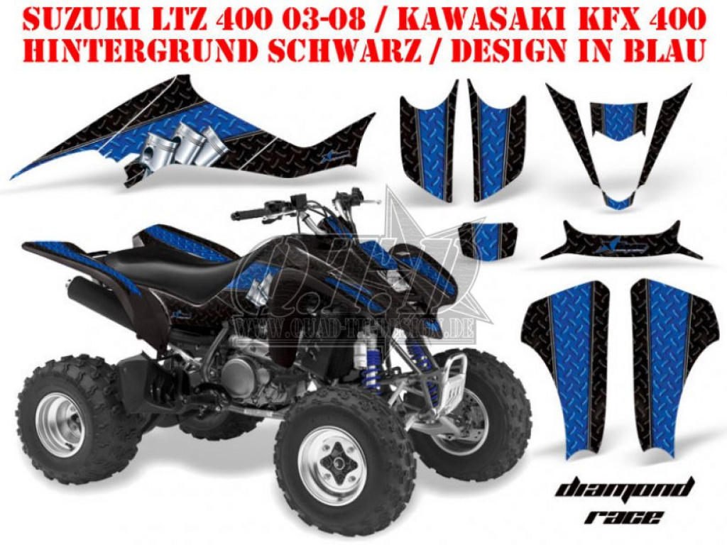 Diamond Race Hintergrund = Schwarz, Designfarbe = Blau für Suzuki LTZ 400 2003-2008