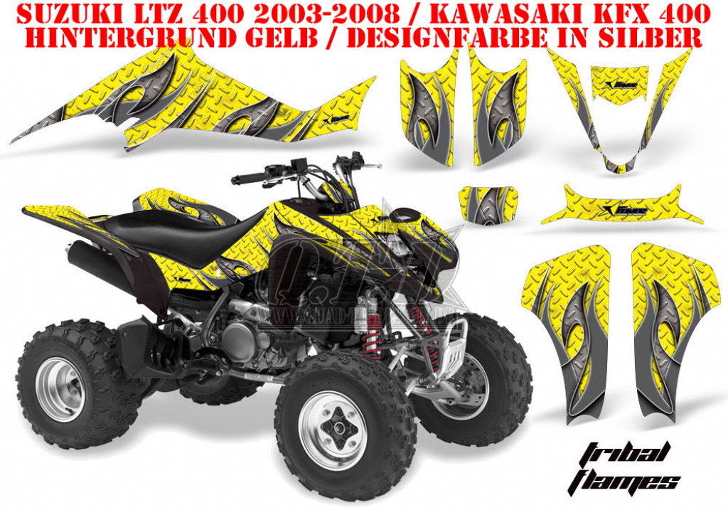 Tribal Flames Hintergrund = Gelb, Designfarbe = Silber für Suzuki LTZ 400 2003-2008