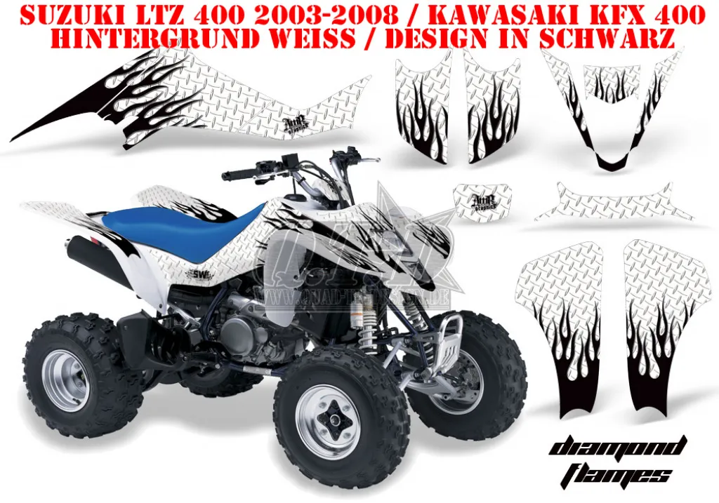 Diamond Flames Hintergrund = Weiß, Designfarbe = Schwarz für Kawasaki KFX 400 2003-2008
