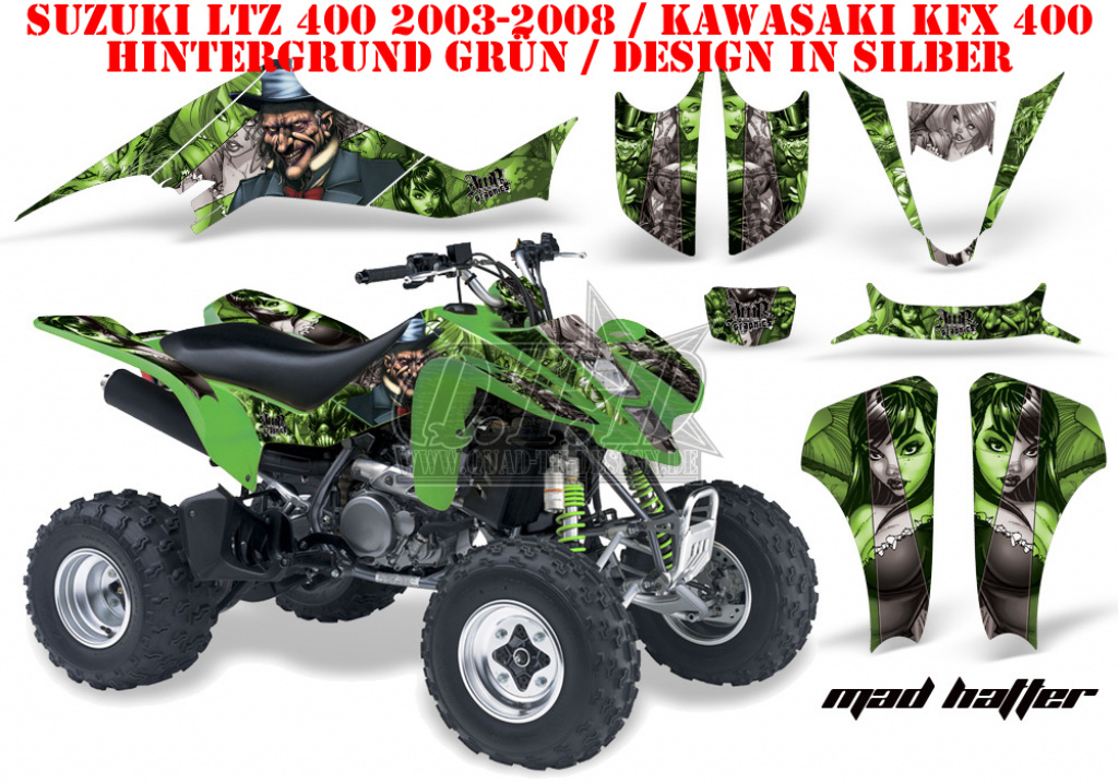 Mad Hatter Hintergrund = Grün, Designfarbe = Silber für Suzuki LTZ 400 2003-2008