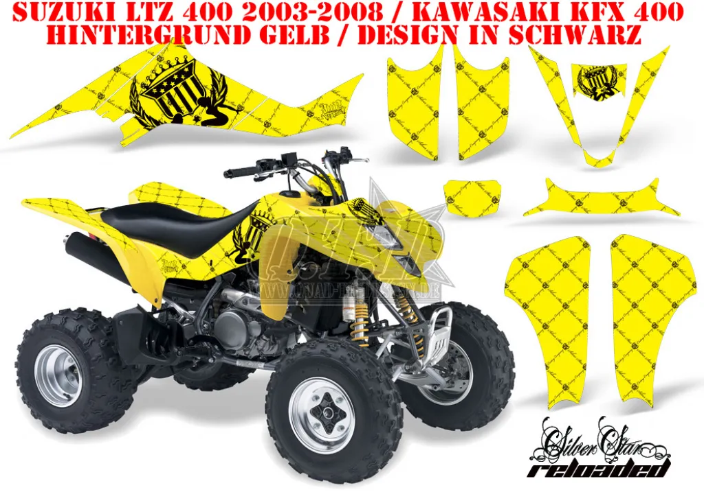 SilverStar - Reloaded Hintergrund = Gelb, Designfarbe = Schwarz für Kawasaki KFX 400 2003-2008