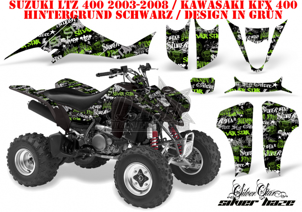 SilverStar - Silverhaze Hintergrund = Schwarz, Designfarbe = Grün für Suzuki LTZ 400 2003-2008
