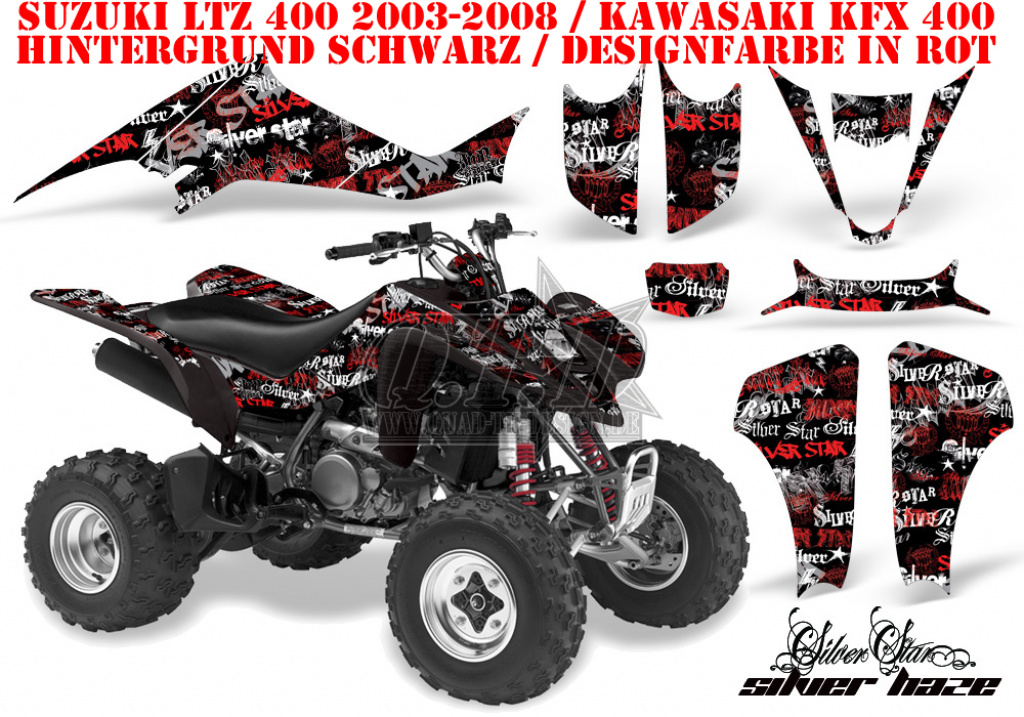 SilverStar - Silverhaze Hintergrund = Schwarz, Designfarbe = Rot für Suzuki LTZ 400 2003-2008