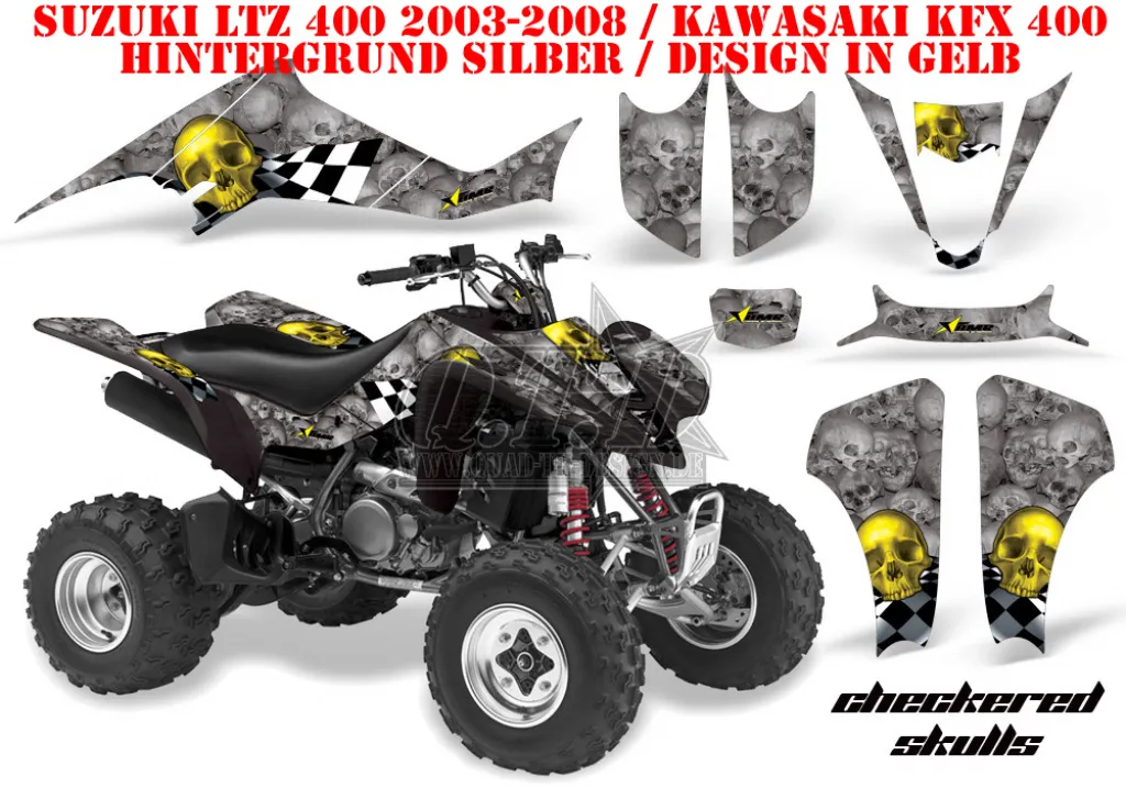 Checkered Skull Hintergrund = Silber, Designfarbe = Gelb für Kawasaki KFX 400 2003-2008