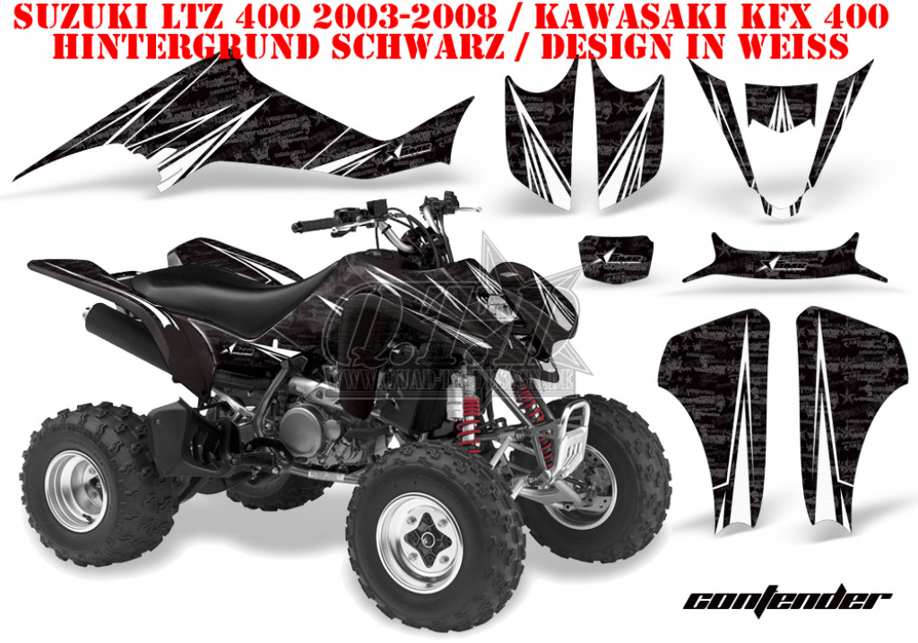 Contender Hintergrund = Schwarz, Designfarbe = Weiß für Suzuki LTZ 400 2003-2008