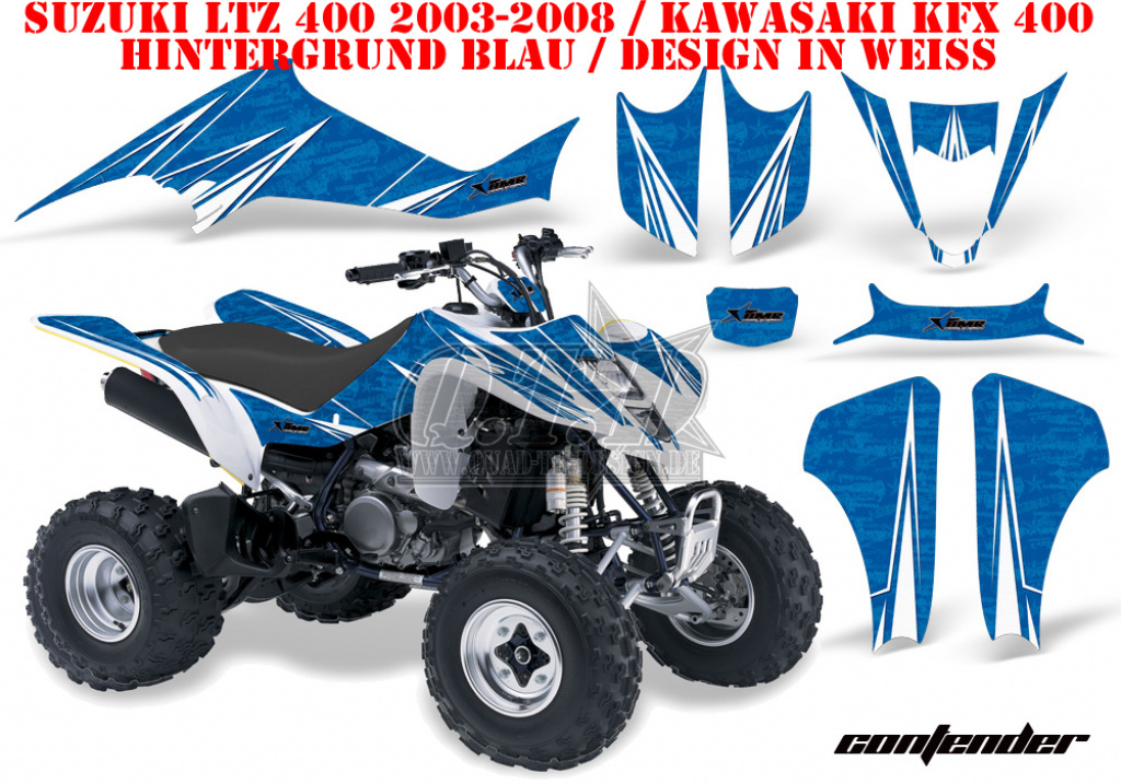 Contender Hintergrund = Blau, Designfarbe = Weiß für Suzuki LTZ 400 2003-2008