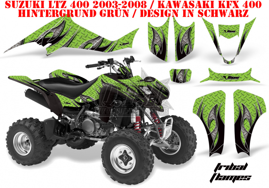 Tribal Flames Hintergrund = Grün, Designfarbe = Schwarz für Suzuki LTZ 400 2003-2008