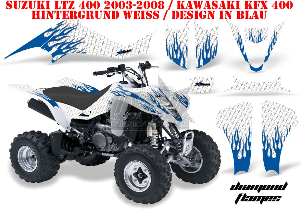 Diamond Flames Hintergrund = Weiß, Designfarbe = Blau für Kawasaki KFX 400 2003-2008