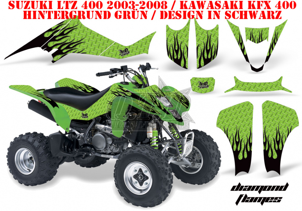 Diamond Flames Hintergrund = Grün, Designfarbe = Schwarz für Suzuki LTZ 400 2003-2008