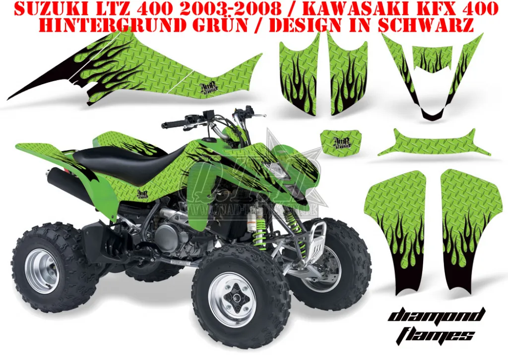 Diamond Flames Hintergrund = Grün, Designfarbe = Schwarz für Kawasaki KFX 400 2003-2008