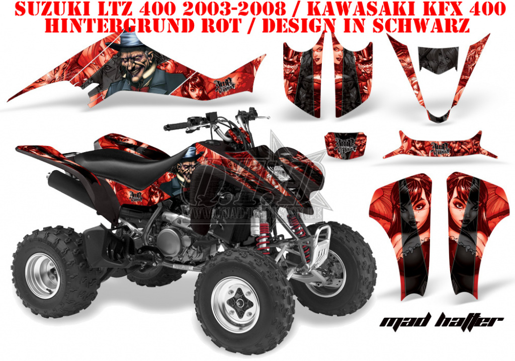Mad Hatter Hintergrund = Rot, Designfarbe = Schwarz für Suzuki LTZ 400 2003-2008
