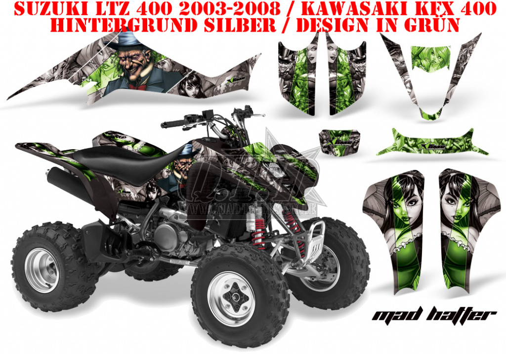 Mad Hatter Hintergrund = Silber, Designfarbe = Grün für Suzuki LTZ 400 2003-2008
