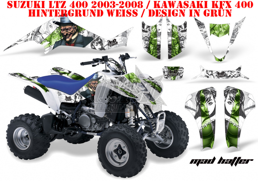 Mad Hatter Hintergrund = Weiß, Designfarbe = Grün für Suzuki LTZ 400 2003-2008