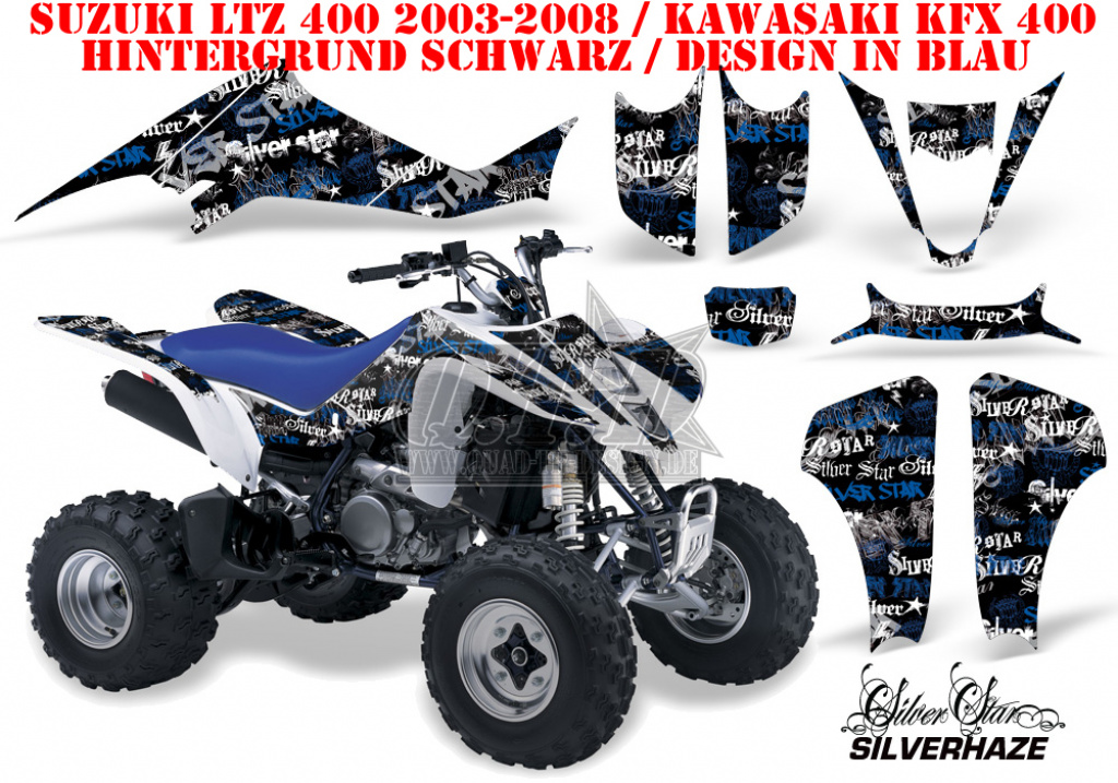 SilverStar - Silverhaze Hintergrund = Schwarz, Designfarbe = Blau für Suzuki LTZ 400 2003-2008