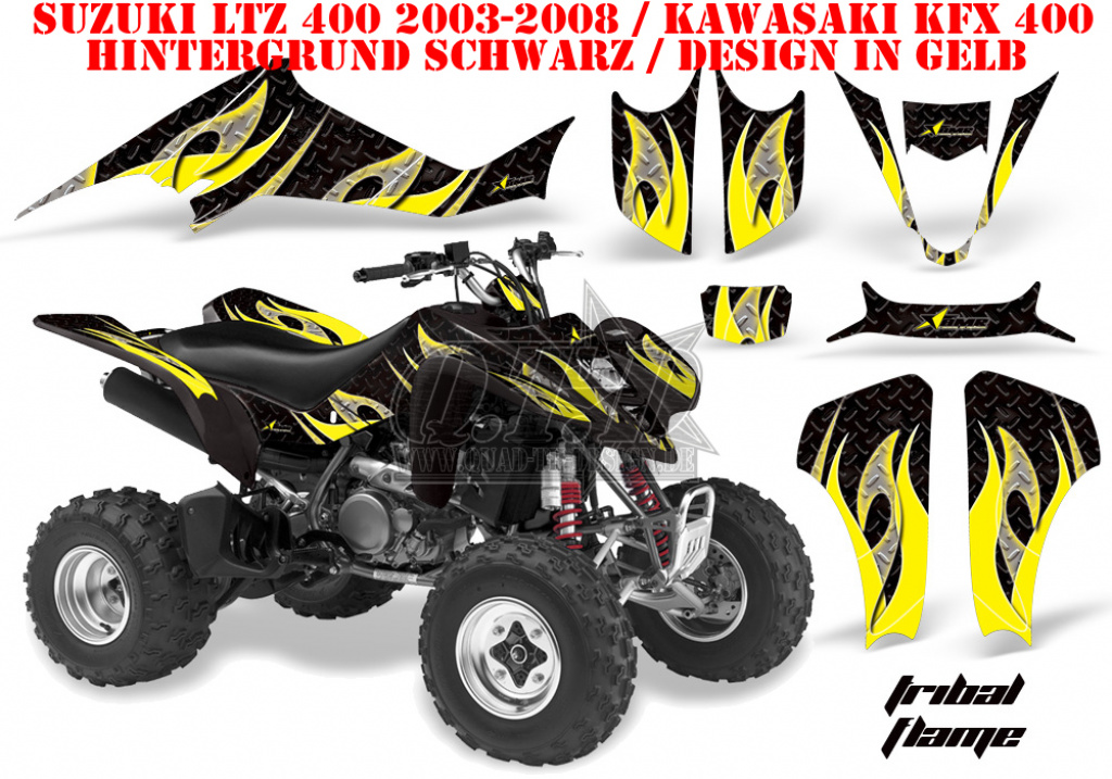 Tribal Flames Hintergrund = Schwarz, Designfarbe = Gelb für Suzuki LTZ 400 2003-2008