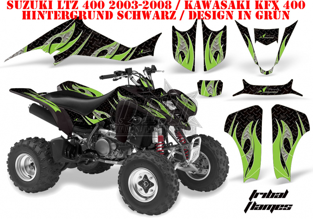 Tribal Flames Hintergrund = Schwarz, Designfarbe = Grün für Suzuki LTZ 400 2003-2008